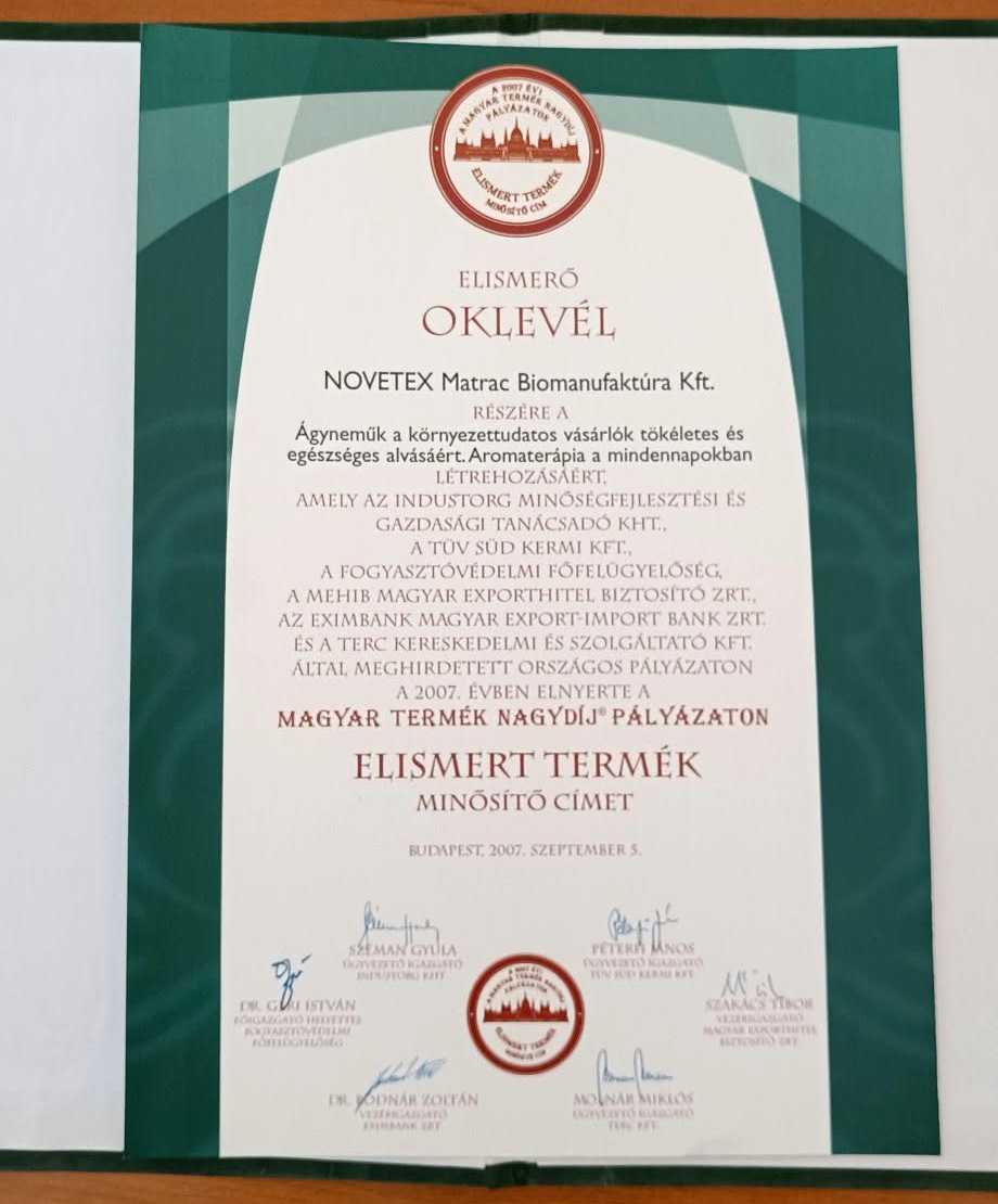 NOVETEX gyógynövényes párnák Magyar Termék Nagydíj Pályázaton Elismert Termék oklevele 2007